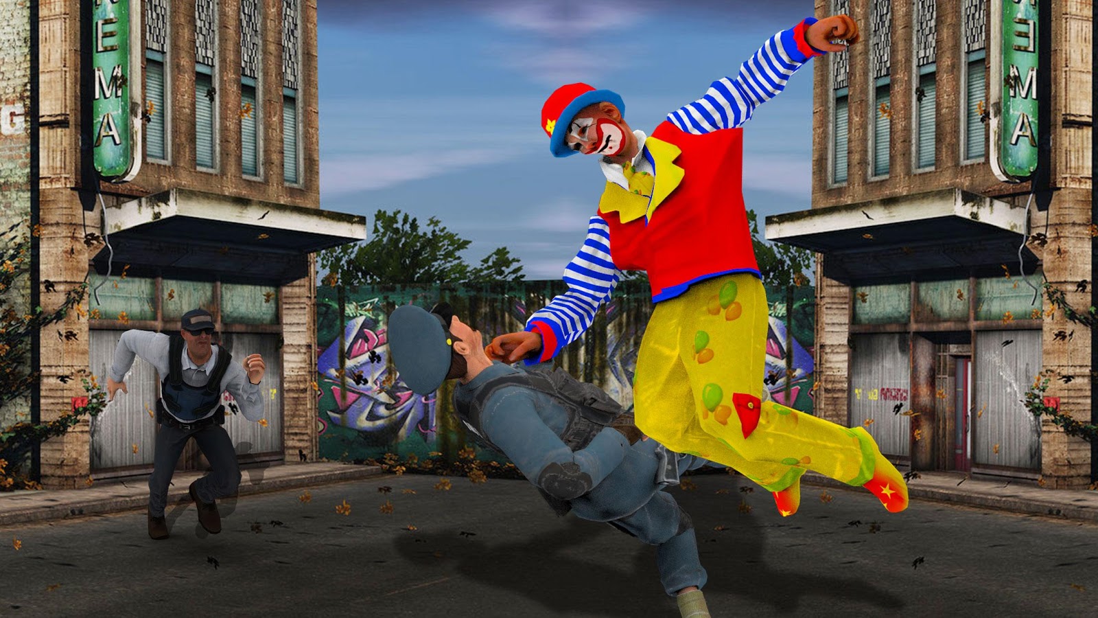 Побег от клоунов. Клоун драка игра. Клоуны побег. Игра клоуны полицейские.